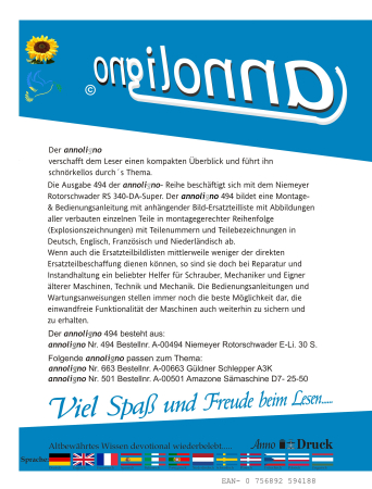 Niemeyer & Söhne Schwader/Rotorschwader Typ RS 340-DA Super Bild- Ersatzteilliste & Explosionszeichnungen  - annoligno 494